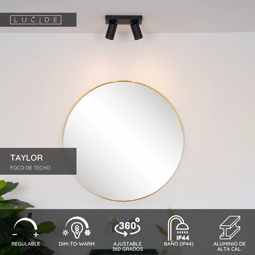 Lucide TAYLOR - Foco de techo Baño - LED Dim to warm - GU10 - 2x5W 2200K/3000K - IP44 - Negro - USP